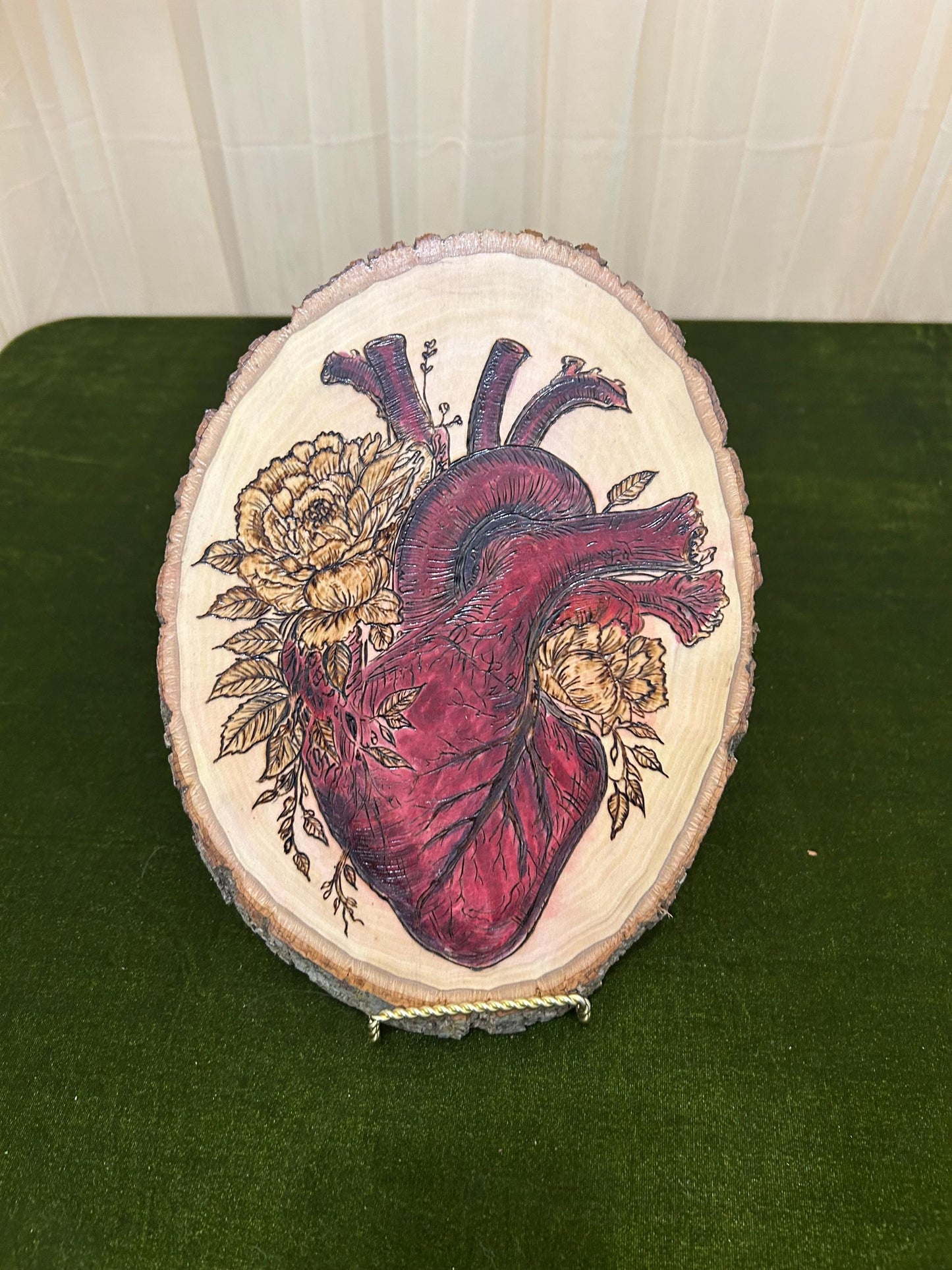 Anatomical Heart Floral Macabre Beautiful Pyrography Art Piece - Unique and curious woodburned art, Red accents, Woodburned wood slice