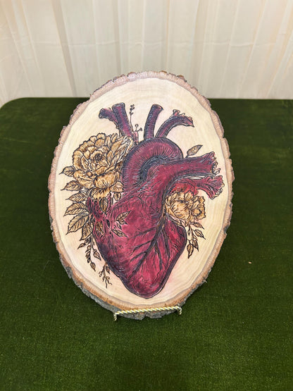Anatomical Heart Floral Macabre Beautiful Pyrography Art Piece - Unique and curious woodburned art, Red accents, Woodburned wood slice