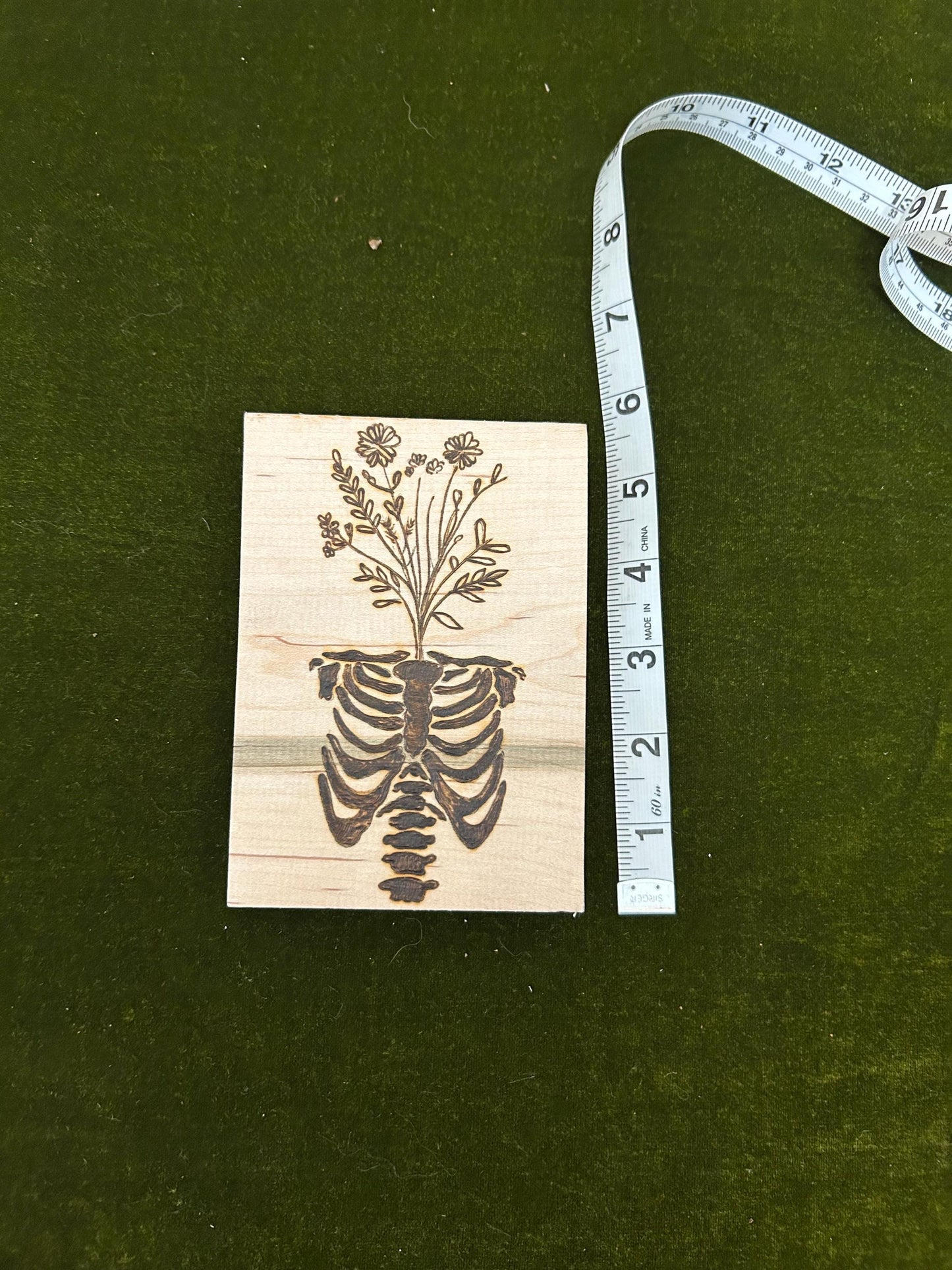 Anatomical Ribcage Floral Macabre Beautiful Pyrography Art Piece - Unique and curious woodburned art, Flower Head Art, Wall Hanging Mini Art