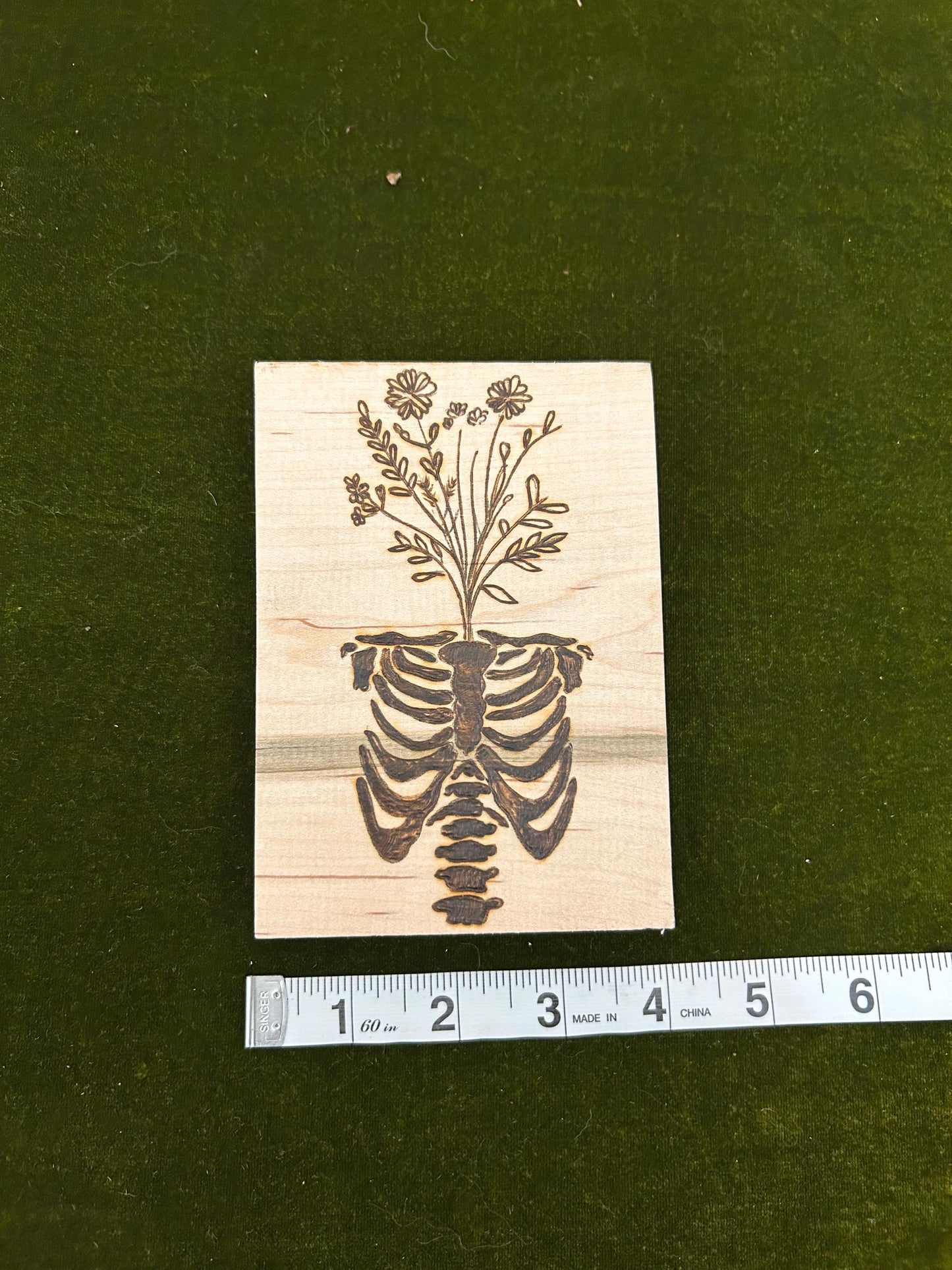 Anatomical Ribcage Floral Macabre Beautiful Pyrography Art Piece - Unique and curious woodburned art, Flower Head Art, Wall Hanging Mini Art