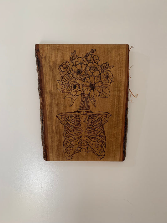 Skeleton Ribcage floral head woodburning art