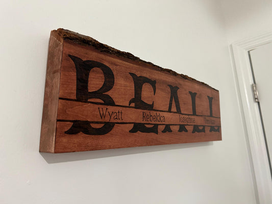 Personalized Wood-Burned Family Name Sign – Handmade Live Edge Basswood – Custom Last Name & Members – Rustic Home Decor