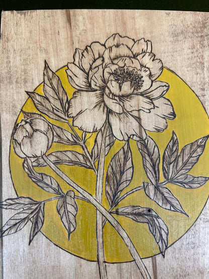 Woodburned Peony Floral Wall Art: Ambrosia Maple Pyrography