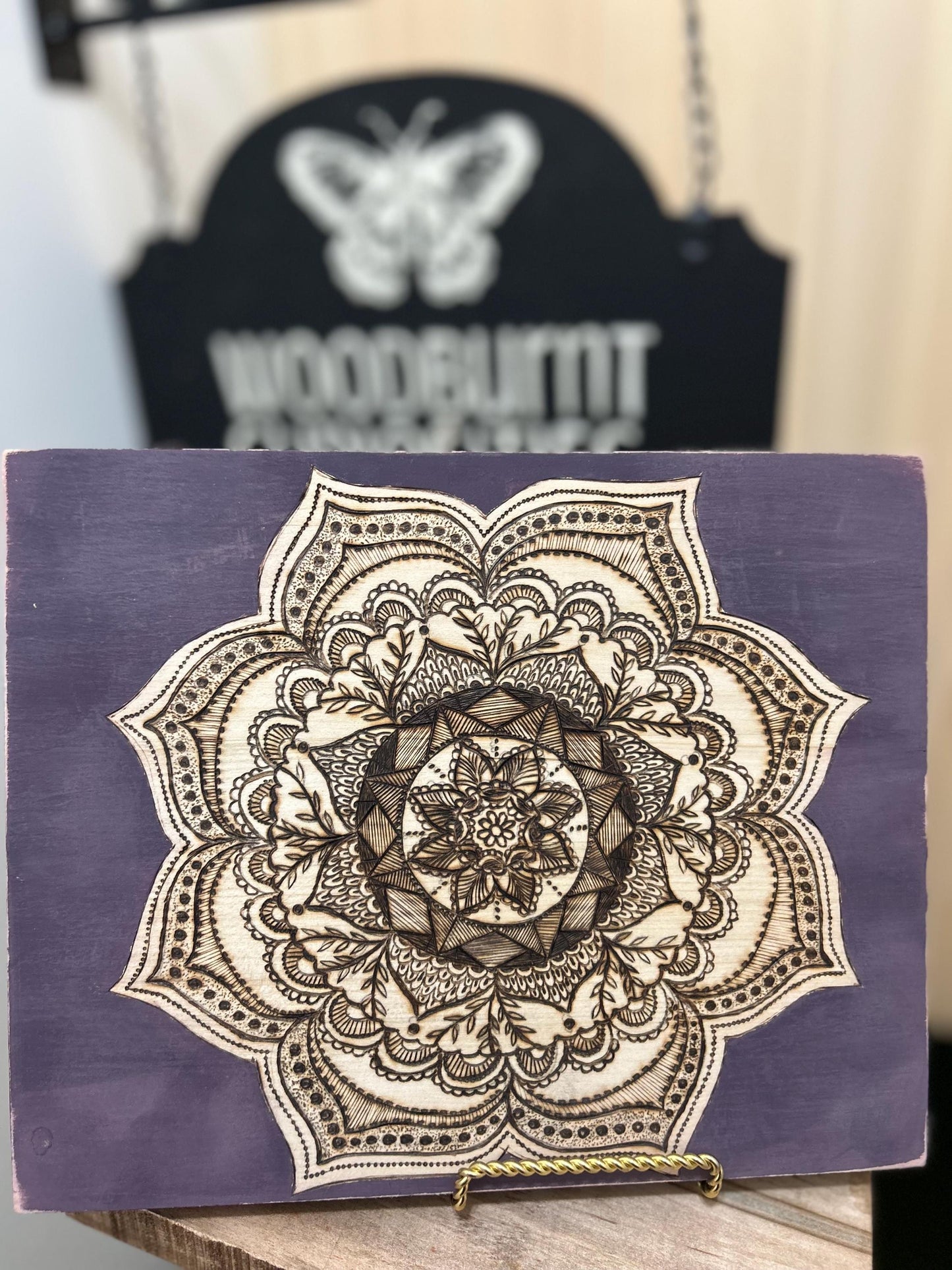 Woodburned Mandala Pyrography Wood Fine Art, intricate hand-drawn mandala, purple distressed, home decor, gifts for her, spiritual, mystical
