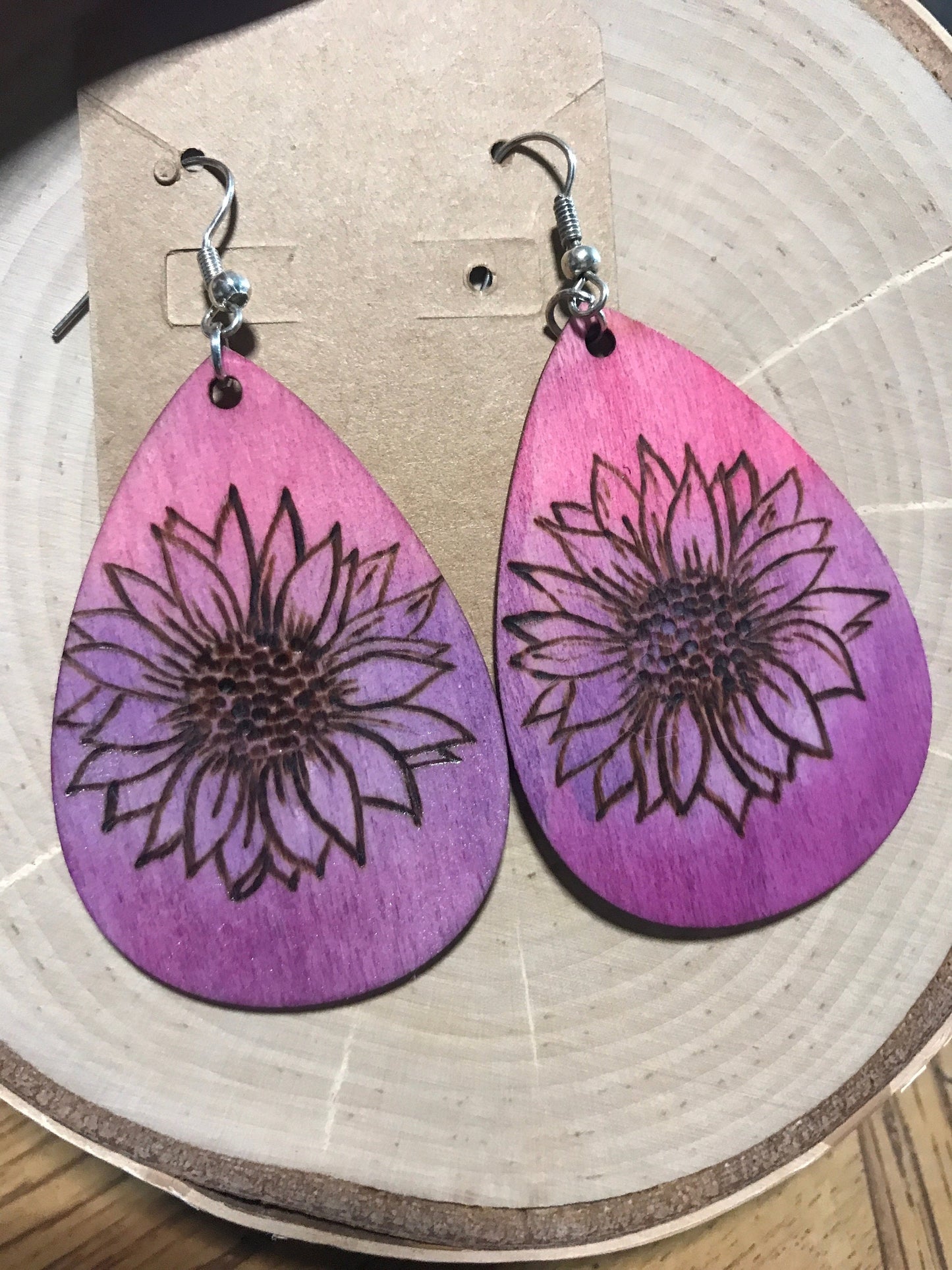 Sunflower Serenade Wood Burned Earrings for Nature Lovers Handcrafted Wooden Pyrography Earrings | Pink Dangle Earrings | Nature-inspired
