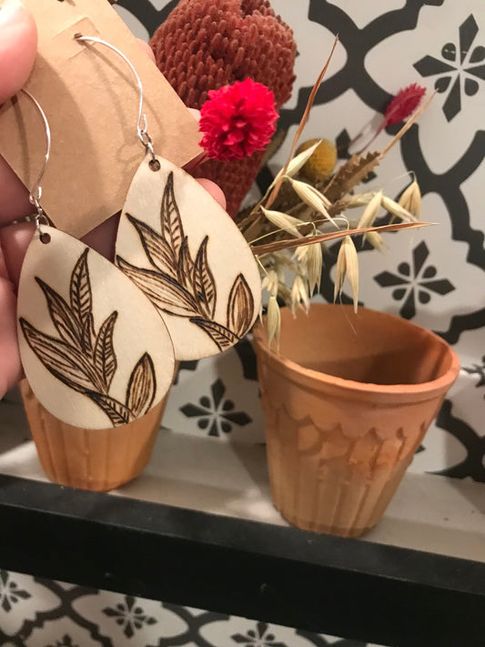 Nature's Grace: Handcrafted Wooden Leaves Pyrography Dangling Earrings | Nature-inspired Jewelry | Rustic Statement Earrings | Gift for Her