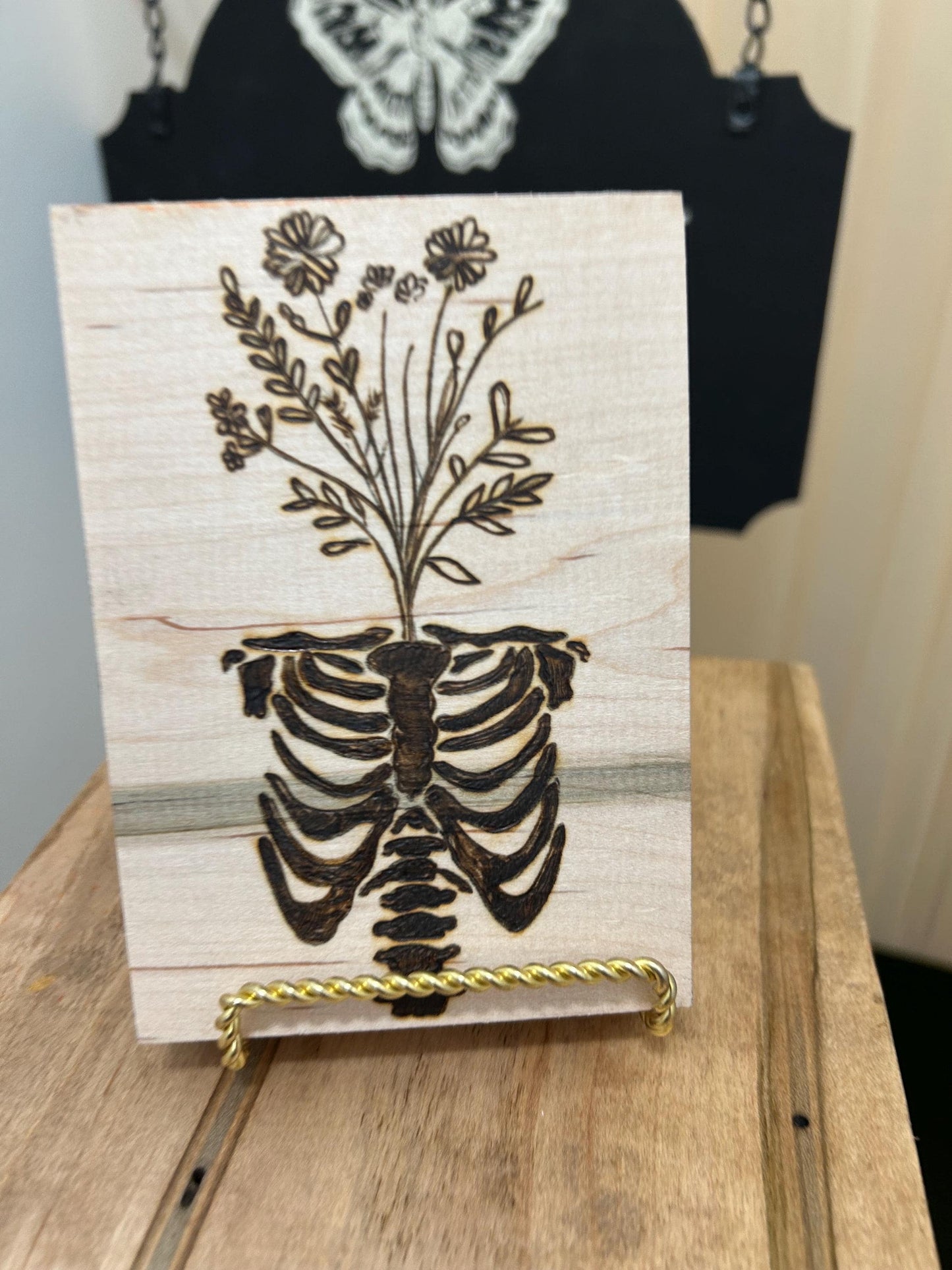 Anatomical Ribcage Floral Macabre Beautiful Pyrography Art Piece - Unique and curious woodburned art, Flower Head Art, Wall Hanging Mini Art