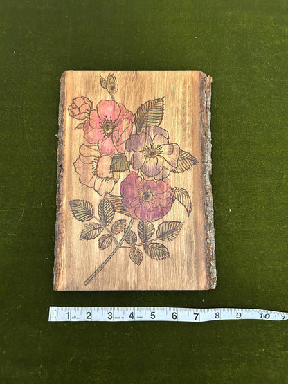 Handmade Pyrography Floral Wall Hanging - Wood Burning Art