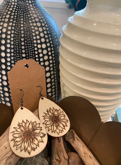 Sunflower Splendor: Handcrafted Pyrography Wooden Earrings | Nature-inspired Jewelry | Floral Earrings | Gift for Her