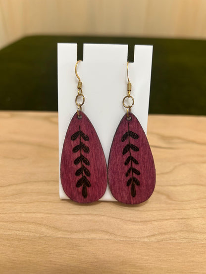 Wood Burned Pendant Dangle Drop Earrings - Unique Jewelry Earrings for Her - Leaf Pendant Design - Wood Jewelry - wearable art