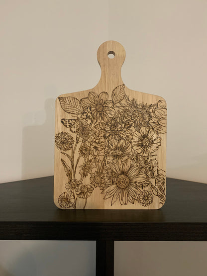 Floral hand burned decorative cutting board - handmade gifts - gifts for mom - cutting board art - wood - wood decor - woodburning art