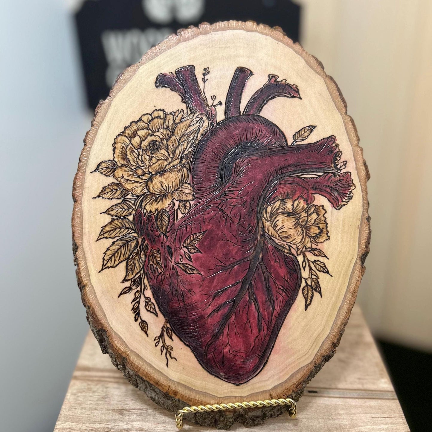 Anatomical Heart Floral Macabre Beautiful Pyrography Art Piece - Unique and curious woodburned art, Red accents, Woodburned wood slice