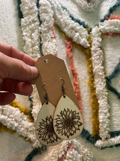 Sunflower Splendor: Handcrafted Pyrography Wooden Earrings | Nature-inspired Jewelry | Floral Earrings | Gift for Her