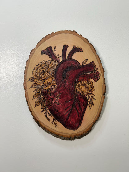 Anatomical Heart Floral Macabre Beautiful Pyrography Art Piece - Unique and curious woodburned art, Red accents, Woodburned wood slice