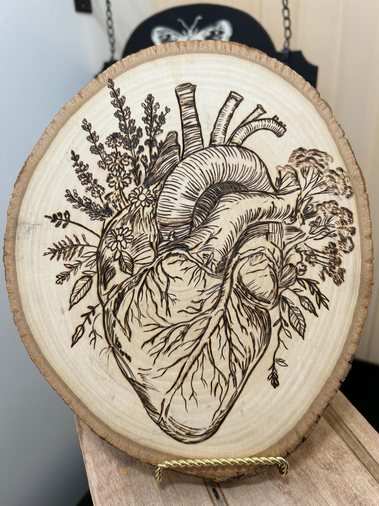 Anatomical Floral Heart Macabre Beautiful Pyrography Art Piece - Fine Wood Art, Unique and curious woodburned art, Interesting Weird Art