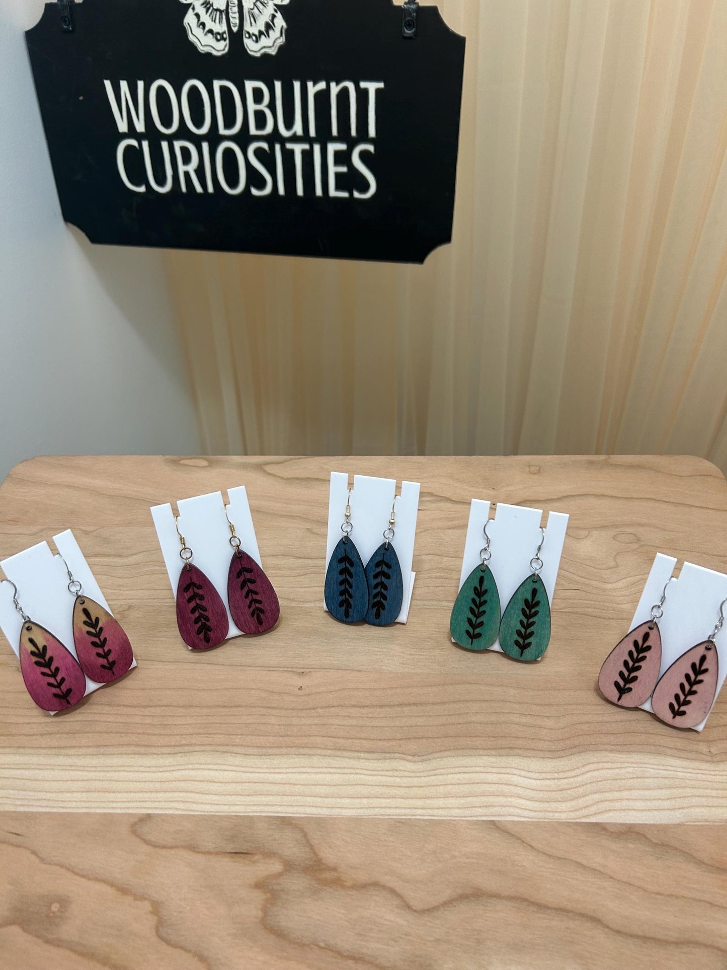 Wood Burned Pendant Dangle Drop Earrings - Unique Jewelry Earrings for Her - Leaf Pendant Design - Wood Jewelry - wearable art