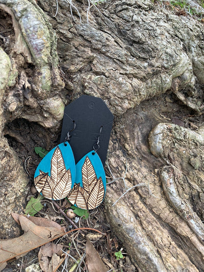 Leaves of inspiraton, Bright blue nature-inspired floral leaf wood burned earrings, handmade wearable art jewelry, gifts for her.