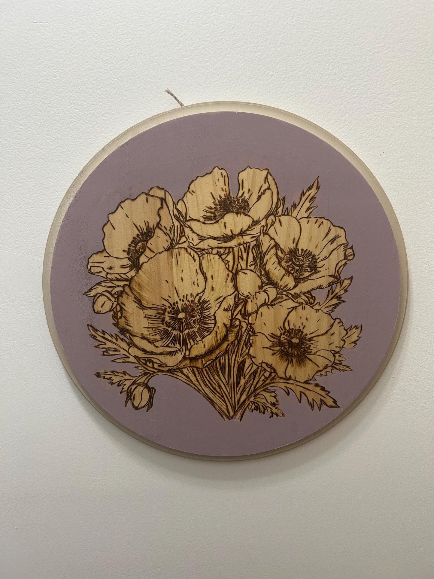 Pyrography art . Woodburned Floral Wall Art - lilac purple Decor - Gifts for Her, poppy Flower Wood Home Decor, Unique Handmade floral gifts
