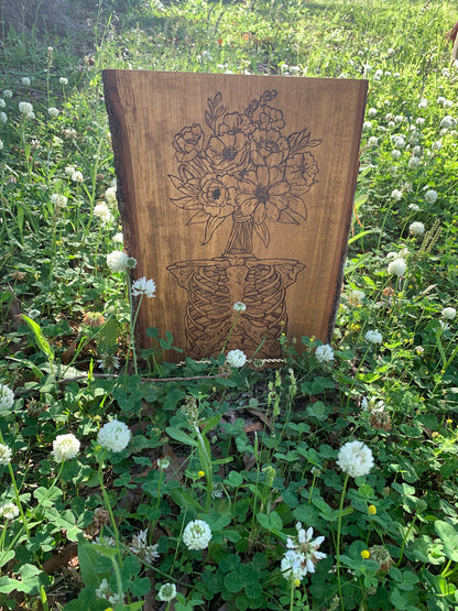 Skeleton Ribcage floral head woodburning art