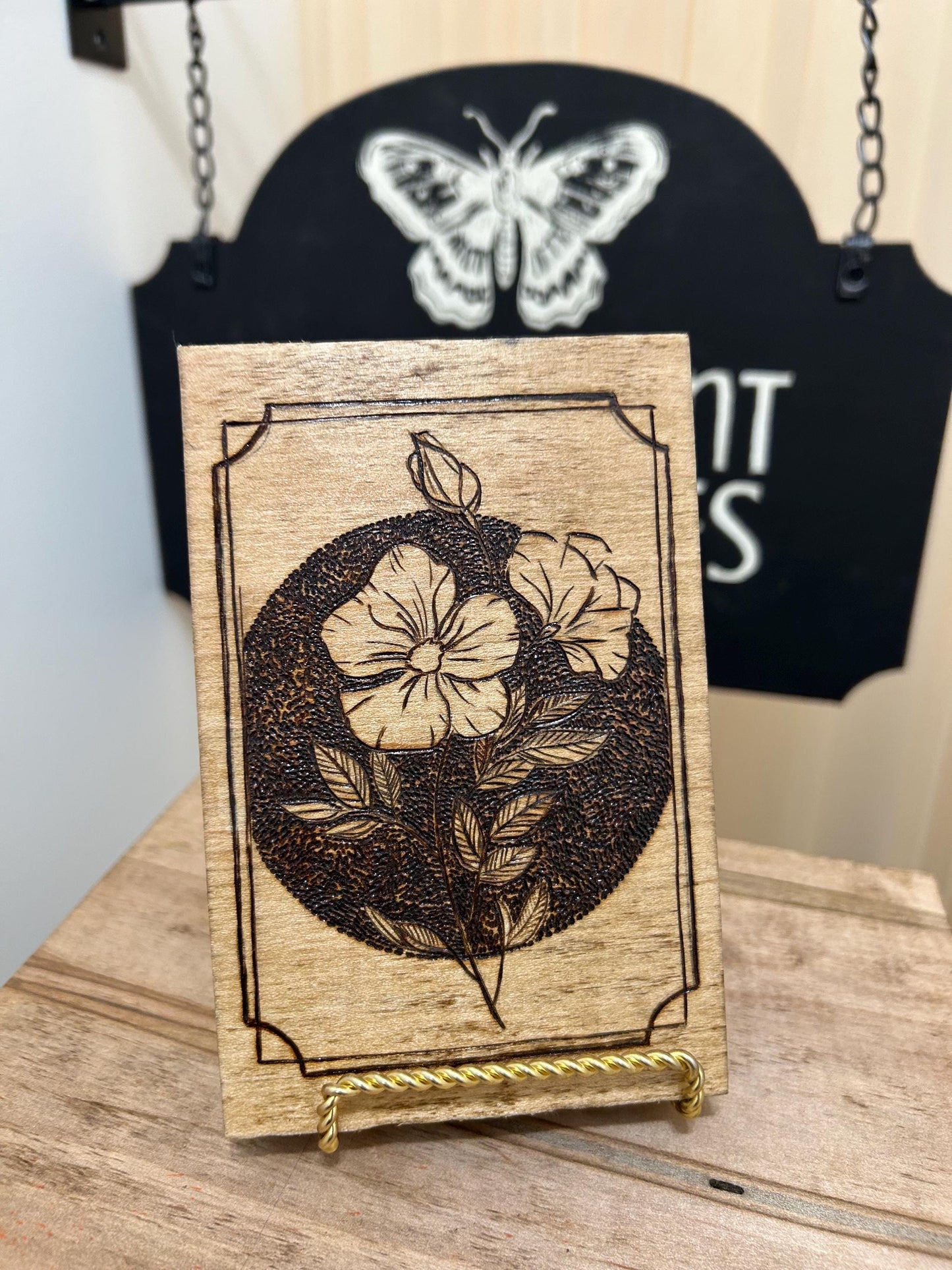 Fine Art Pyrography Mini Wall Hanging- Floral, Wild Rose, Mini Detailed Art Decor, Wood home decor