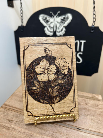 Fine Art Pyrography Mini Wall Hanging- Floral, Wild Rose, Mini Detailed Art Decor, Wood home decor
