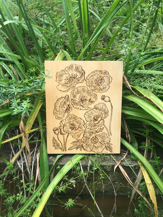 Nature's Symphony: Woodburned Poppy Wall Art | Handcrafted Rustic Floral Decor | Stunning Home & Office Accent | Unique Gift |