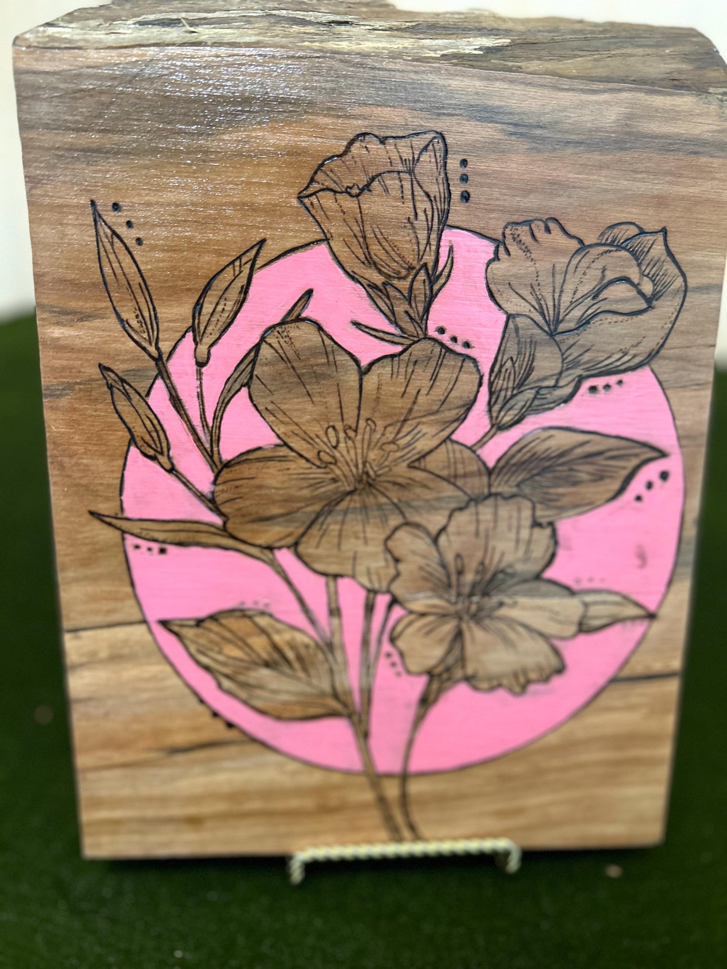 Woodburned Orchid Wall Art: Pink Accent, Spalted Maple, Live Edge