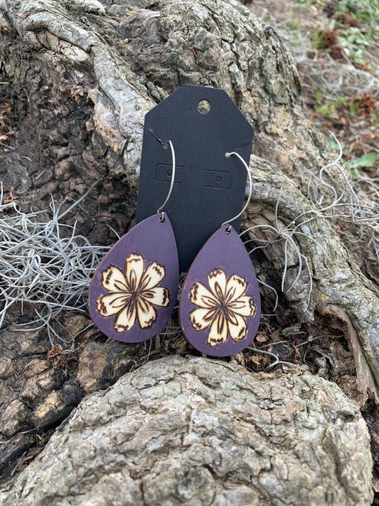 Purple floral, Deep purple nature-inspired flower wood burned earrings, handmade wearable art jewelry, gifts for her.