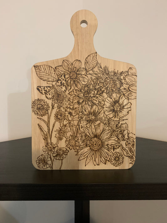 Floral hand burned decorative cutting board - handmade gifts - gifts for mom - cutting board art - wood - wood decor - woodburning art
