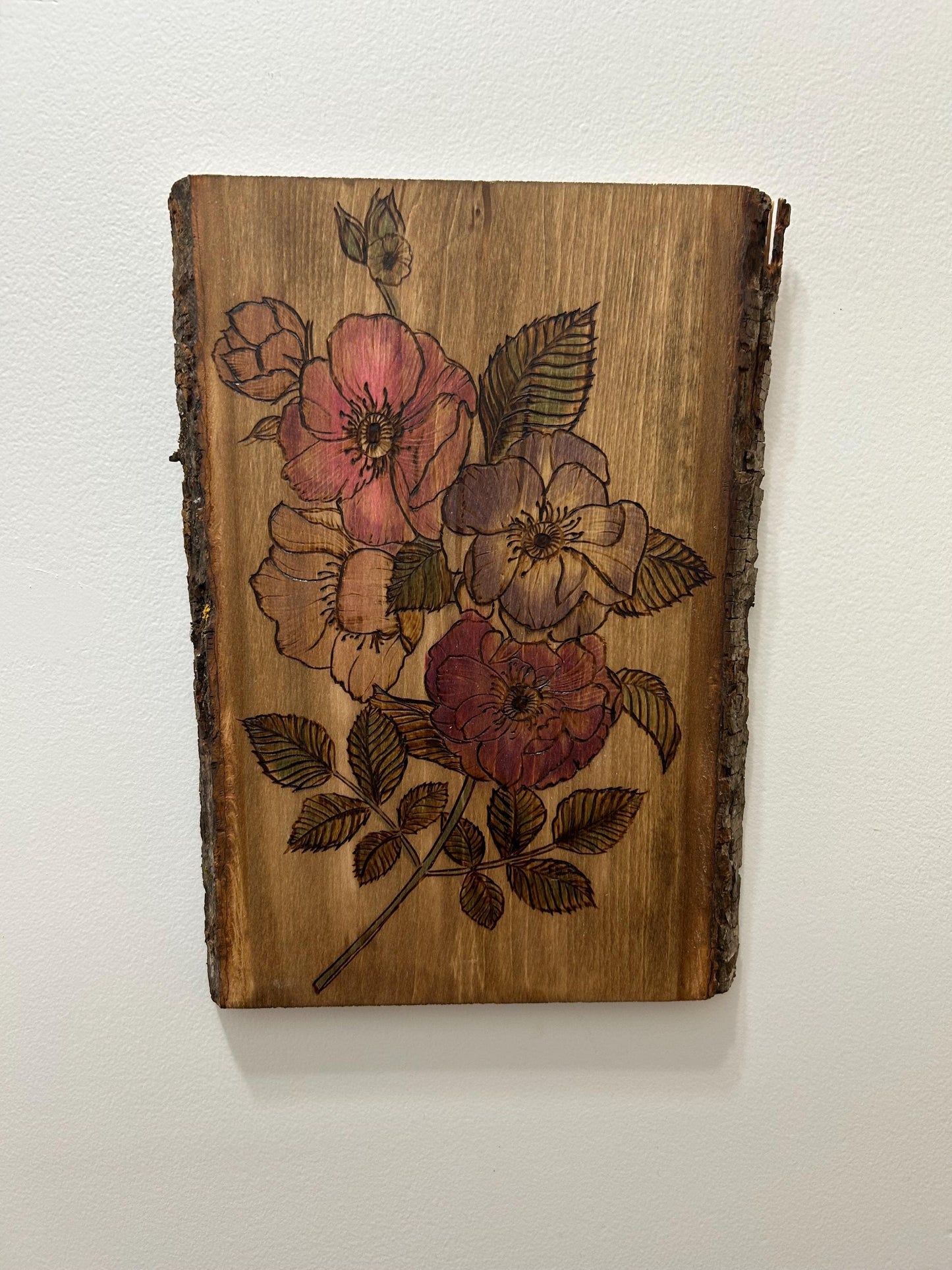 Handmade Pyrography Floral Wall Hanging - Wood Burning Art