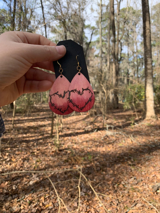 Pink Heart & Vines: Pink Ombre dangle drop statement earrings, hand burned lightweight wooden floral earrings