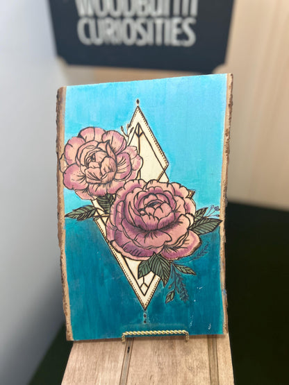 Floral Carnation wood pyrography home decor, hand-painted shimmery blue, details, pink flowers