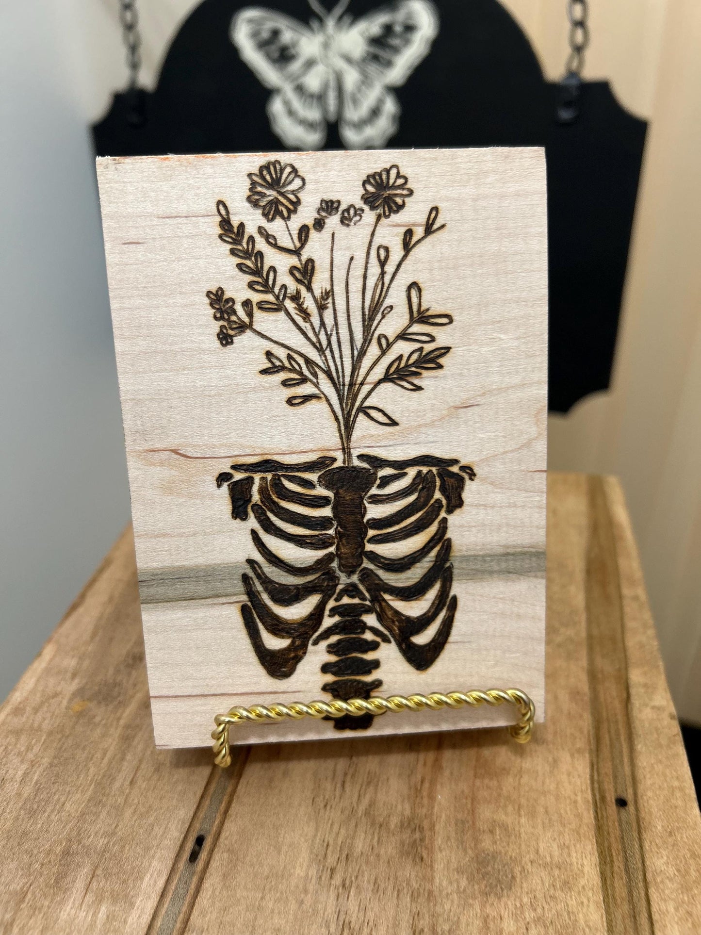 Anatomical Ribcage Floral Macabre Beautiful Pyrography Art Piece - Unique and curious woodburned art, Flower Head Art, Wall Hanging Mini Art