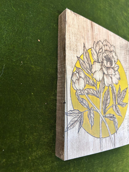 Woodburned Peony Floral Wall Art: Ambrosia Maple Pyrography