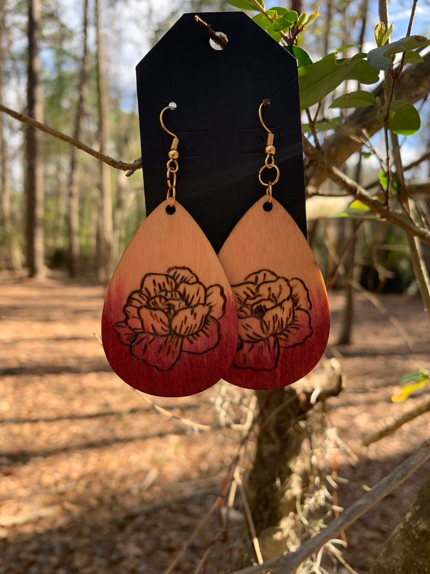 Magnolia Magic: Pink Ombre dangle drop statement earrings, hand burned lightweight wooden floral earrings