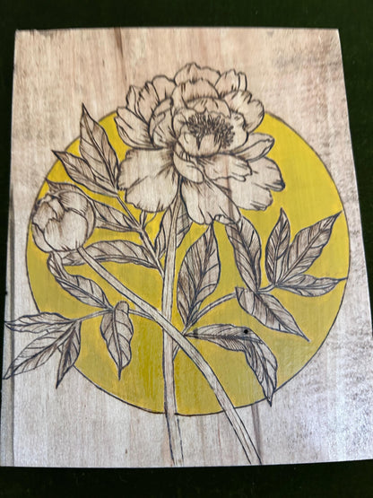 Woodburned Peony Floral Wall Art: Ambrosia Maple Pyrography