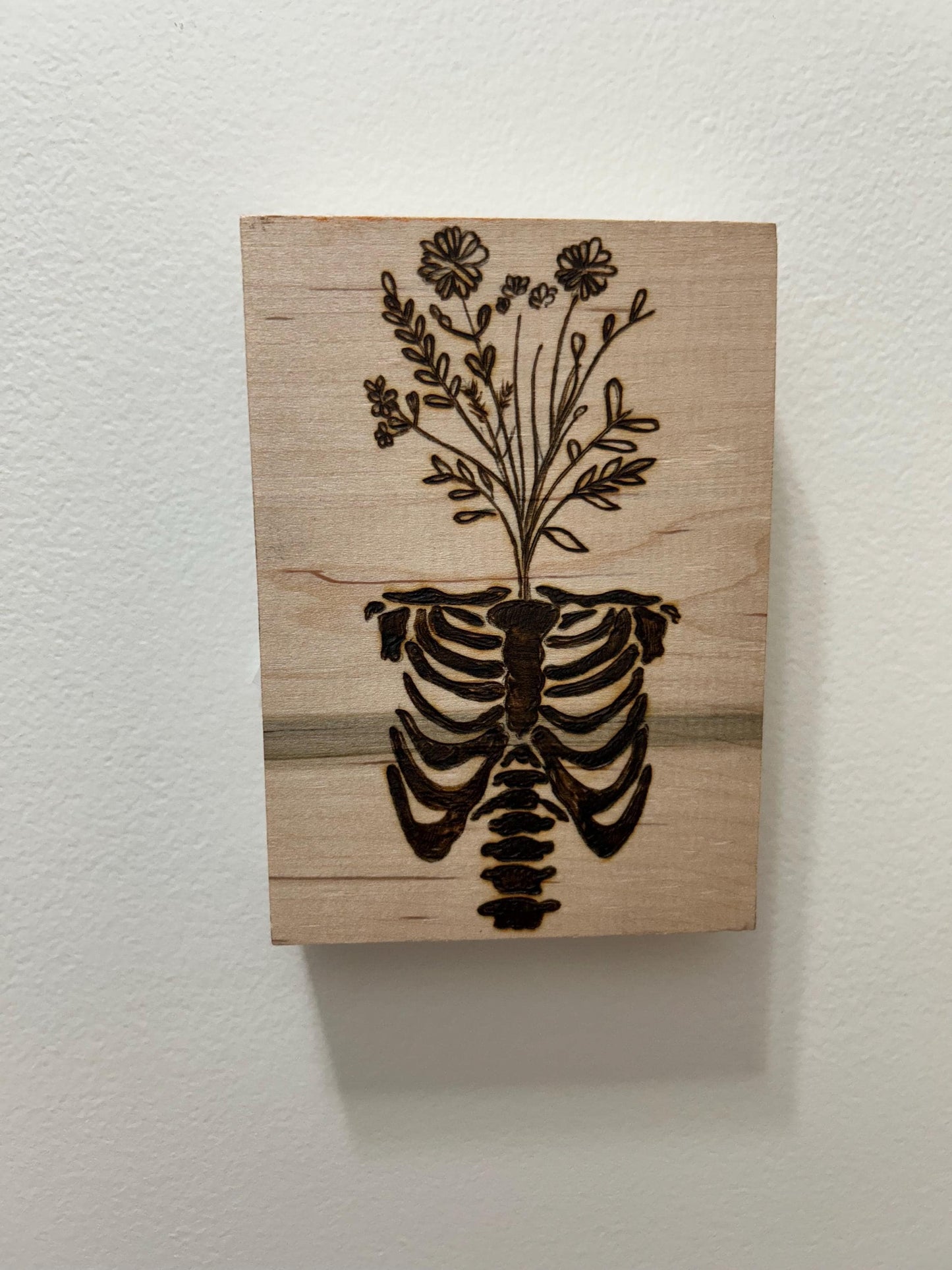Anatomical Ribcage Floral Macabre Beautiful Pyrography Art Piece - Unique and curious woodburned art, Flower Head Art, Wall Hanging Mini Art