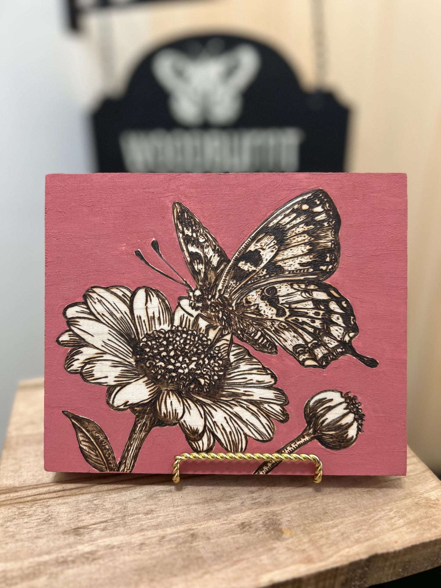 Butterfly and Floral Woodburned Home Decor, Hanging Wall Sign, Butterfly Flower Home Decor, Pink, Gifts for mom, terracotta. gifts for mom