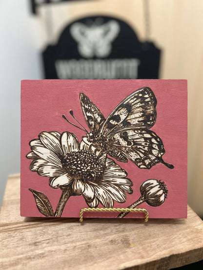 Butterfly and Floral Woodburned Home Decor, Hanging Wall Sign, Butterfly Flower Home Decor, Pink, Gifts for mom, terracotta. gifts for mom