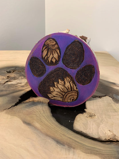 Purple Hand-crafted Pyrography Flower Dog Paw wall hanging