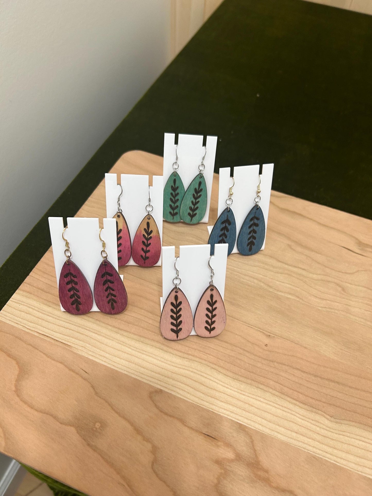 Wood Burned Pendant Dangle Drop Earrings - Unique Jewelry Earrings for Her - Leaf Pendant Design - Wood Jewelry - wearable art