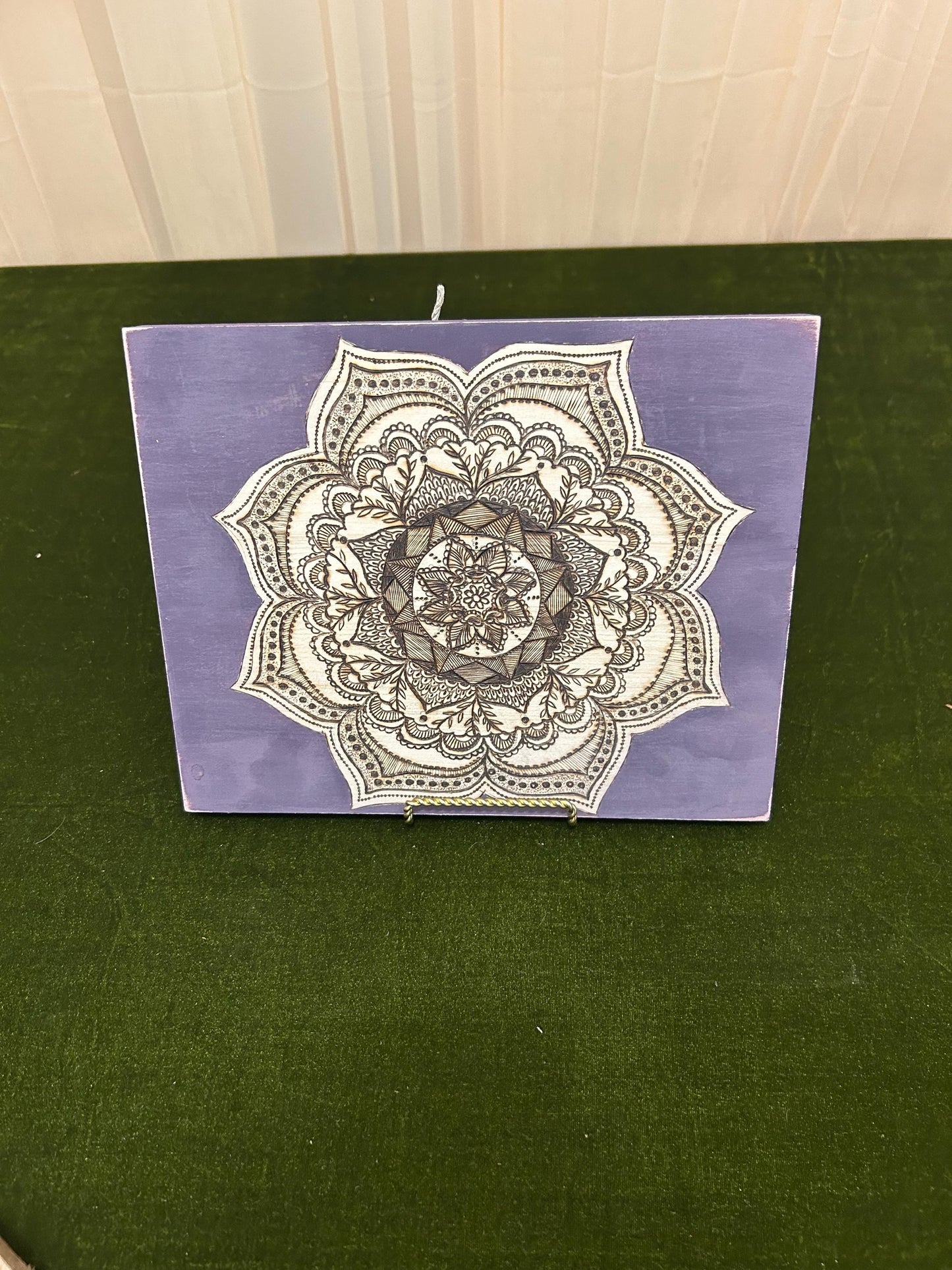 Woodburned Mandala Pyrography Wood Fine Art, intricate hand-drawn mandala, purple distressed, home decor, gifts for her, spiritual, mystical