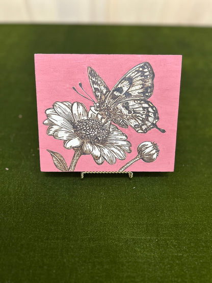 Butterfly and Floral Woodburned Home Decor, Hanging Wall Sign, Butterfly Flower Home Decor, Pink, Gifts for mom, terracotta. gifts for mom