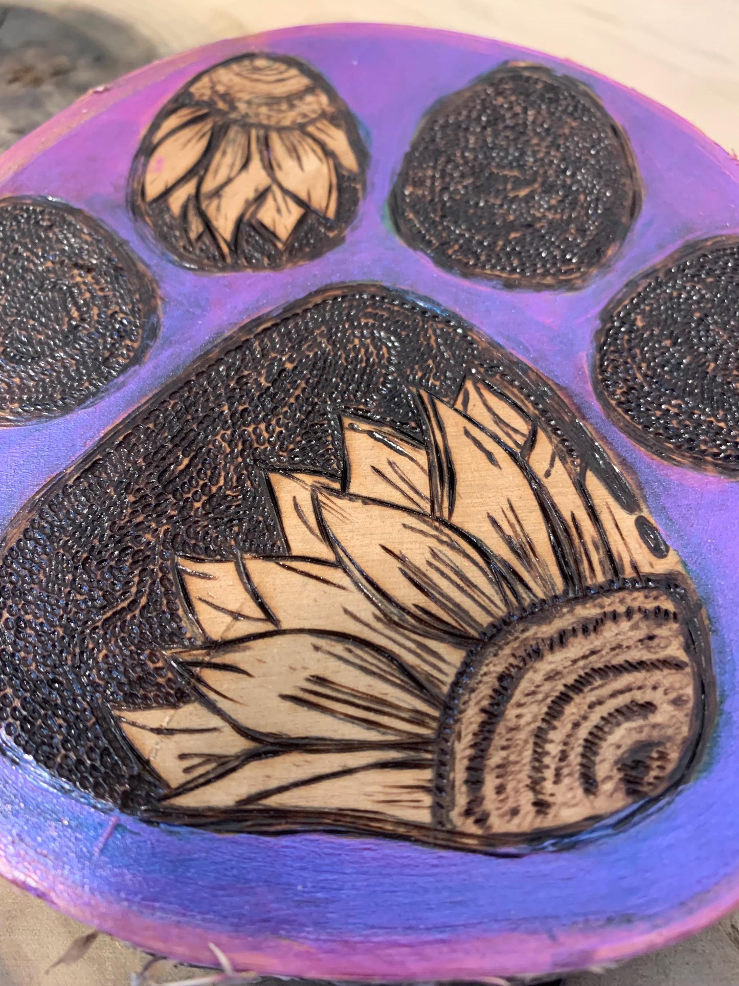 Purple Hand-crafted Pyrography Flower Dog Paw wall hanging