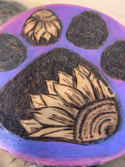 Purple Hand-crafted Pyrography Flower Dog Paw wall hanging