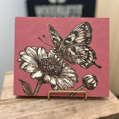 Butterfly and Floral Woodburned Home Decor, Hanging Wall Sign, Butterfly Flower Home Decor, Pink, Gifts for mom, terracotta. gifts for mom