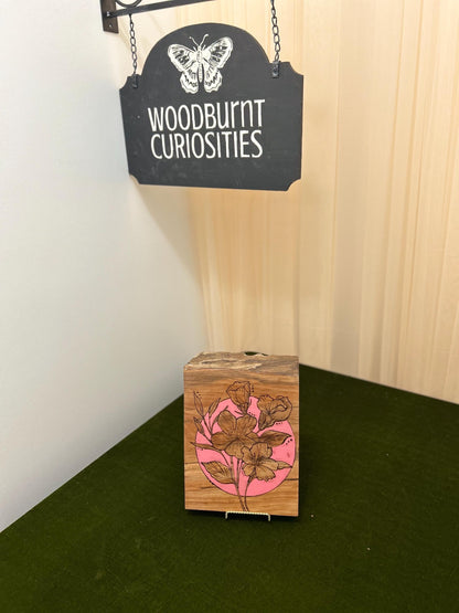 Woodburned Orchid Wall Art: Pink Accent, Spalted Maple, Live Edge