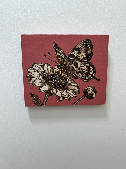 Butterfly and Floral Woodburned Home Decor, Hanging Wall Sign, Butterfly Flower Home Decor, Pink, Gifts for mom, terracotta. gifts for mom
