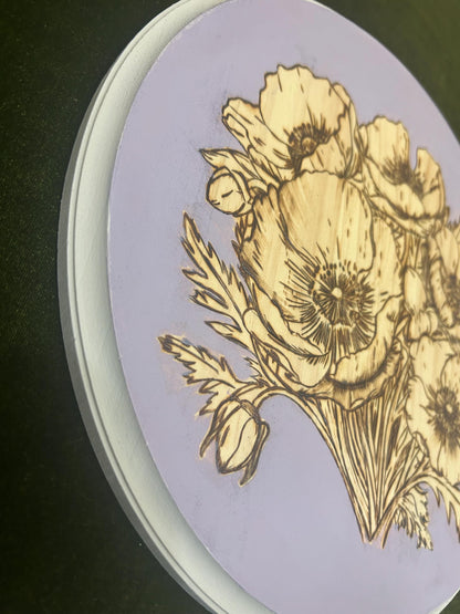 Pyrography art . Woodburned Floral Wall Art - lilac purple Decor - Gifts for Her, poppy Flower Wood Home Decor, Unique Handmade floral gifts