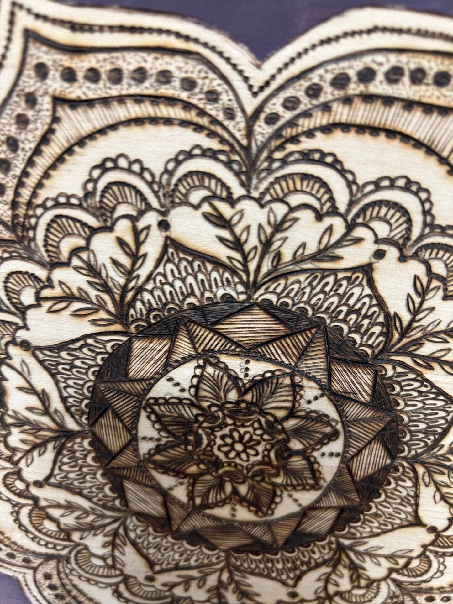 Woodburned Mandala Pyrography Wood Fine Art, intricate hand-drawn mandala, purple distressed, home decor, gifts for her, spiritual, mystical